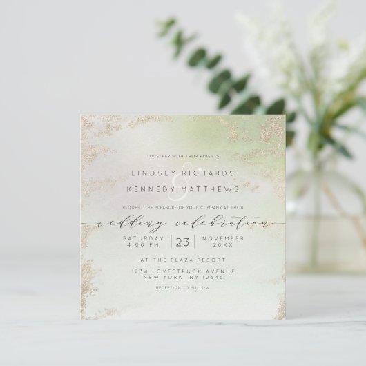 Ombre Spring Green Gold Foil Chic Wedding Square Einladung (Stehend Vorderseite)