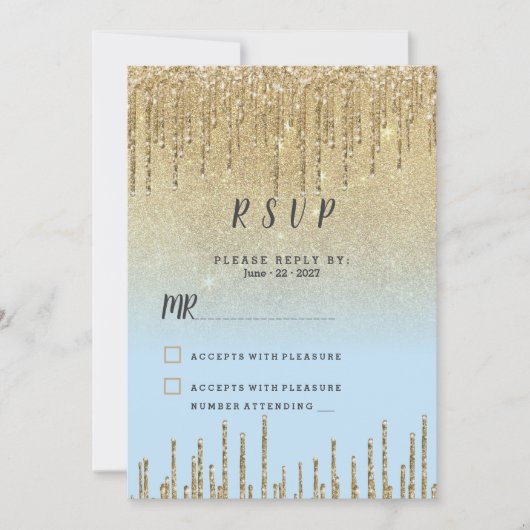 Ombre teal gold glitter drips script RSVP Einladung (Vorderseite)