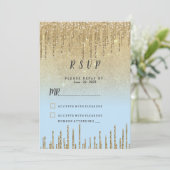 Ombre teal gold glitter drips script RSVP Einladung (Stehend Vorderseite)