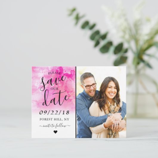 Ombre Wasserfarbe Save the Date Postkarte - Rosa (Stehend Vorderseite)