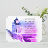 Ombre Watercolor Pink Lighthouse Foto Wedding Einladung (Stehend Vorderseite)