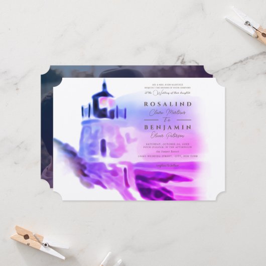 Ombre Watercolor Pink Lighthouse Foto Wedding Einladung (Vorderseite/Rückseite Beispiel)