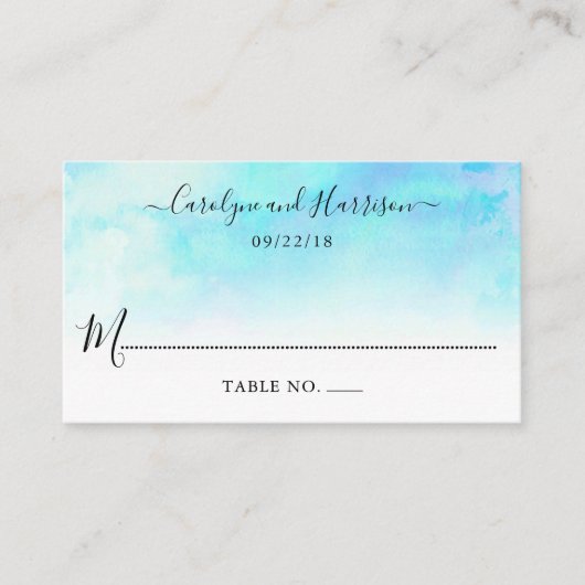 Ombre Watercolor Wedding Platzkarten - Blau (Vorderseite)