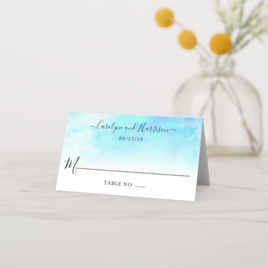 Ombre Watercolor Wedding Platzkarten - Blau (Vorderseite)