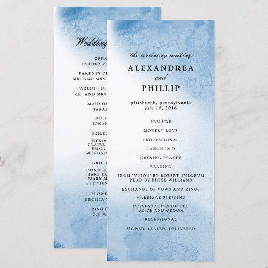 Ombre Watercolor Wedding Program | Blau Programm (Vorne/Hinten)