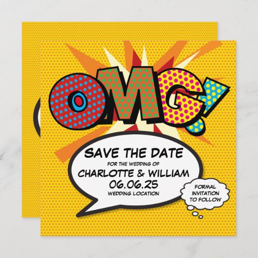 OMG Save the Date Spaß Retro Comic Pop Kunst (Vorne/Hinten)