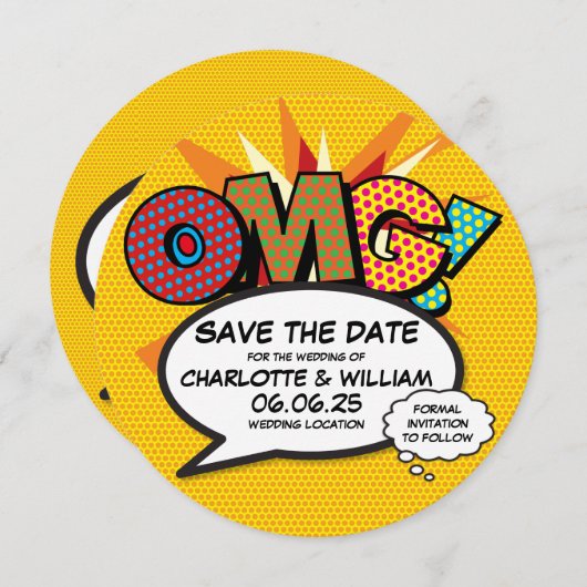 OMG Save the Date Spaß Retro Comic Pop Kunst (Vorne/Hinten)