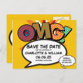 OMG Save the Date Spaß Retro Comic Pop Kunst Ankündigungspostkarte (Vorne/Hinten)