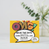 OMG Save the Date Spaß Retro Comic Pop Kunst Ankündigungspostkarte (Stehend Vorderseite)