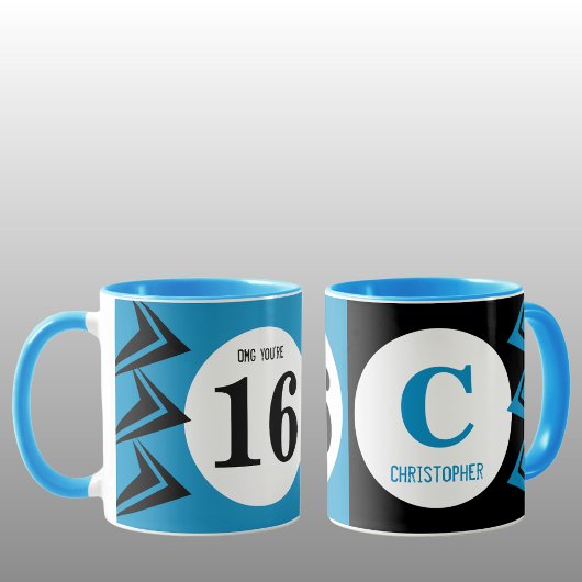 OMG Sie sind 16 Monogramm Name blau und schwarz Tasse