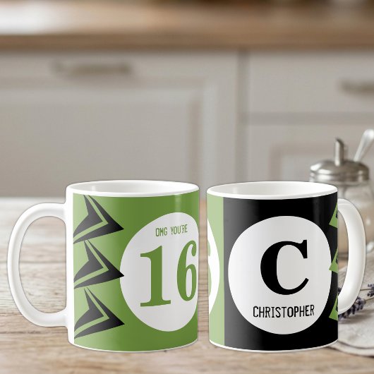 OMG Sie sind 16 Monogramm Name grün und schwarz Kaffeetasse