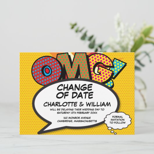 OMG Zurückgestellt Änderung des Datums Comic Buch Save The Date (Stehend Vorderseite)