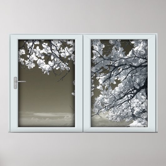 Ominous White Tree Blossoms Imitate Window Illusio Poster (Vorne)