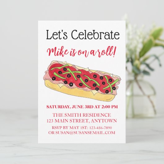 On a Roll Italian Sub Sandwich Congratulations Einladung (Stehend Vorderseite)