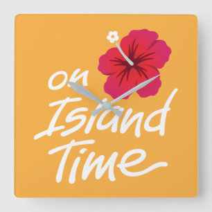 On Island Time Clock with Hibiscus graphic Quadratische Wanduhr