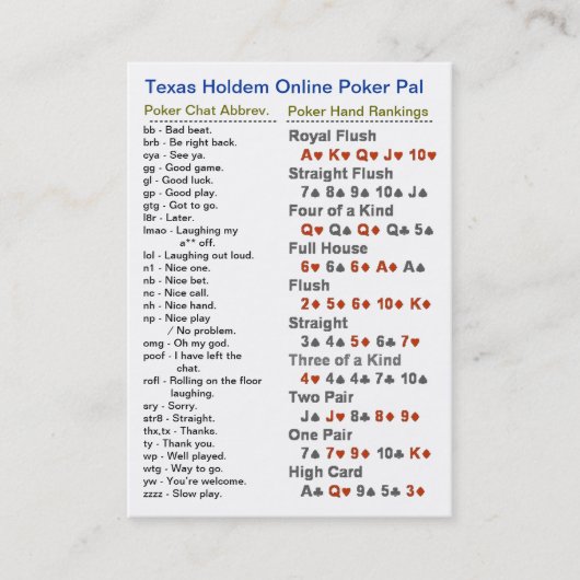 On-line-Poker-Kumpel Texas Holdem Visitenkarte (Vorderseite)