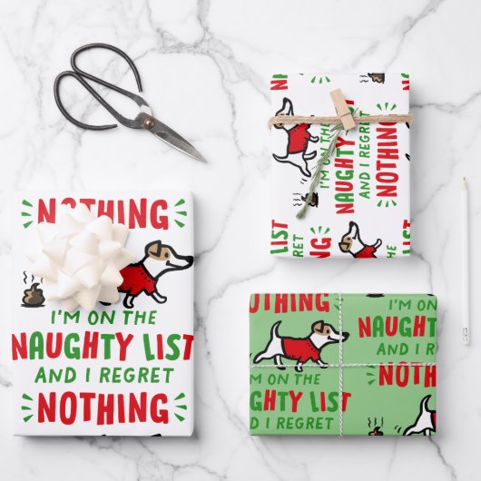 On the Naughty List and I Regret Nothing Funny Dog Geschenkpapier Set (Vorderseite)