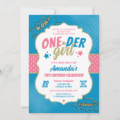 Onder Girl Pink und Blue First Birthday Einladung (Vorderseite)