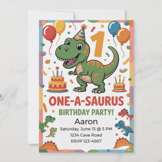 One-A-Saurus 1. Geburtstag | Grüner Dinosaurier Einladung (Vorderseite)