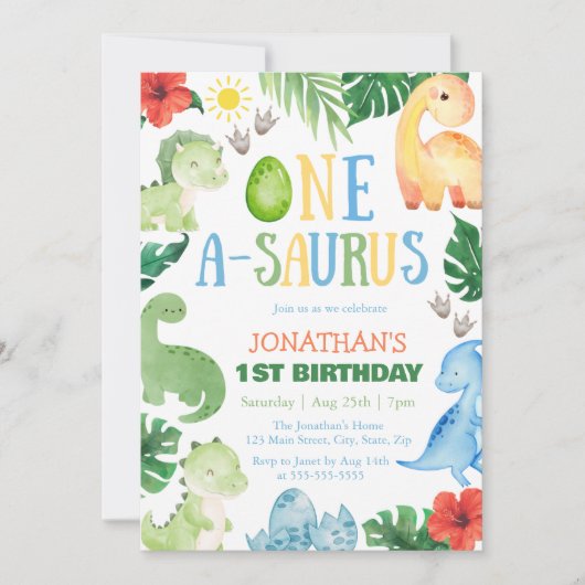 One A-Saurus Dino 1st Birthday Einladung (Vorderseite)