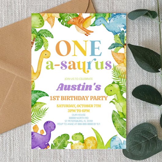 One A-Saurus Dinosaur 1st First Birthday Party Einladung