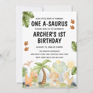 One A-Saurus Dinosaur Birthday Einladung
