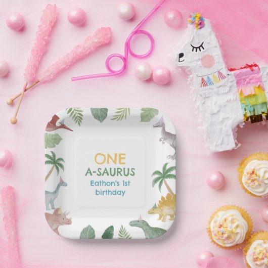 One A Saurus Dinosaur Boy Birthday Square Pappteller (Party)