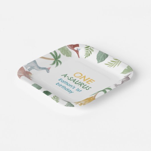 One A Saurus Dinosaur Boy Birthday Square Pappteller (Gewinkelt)