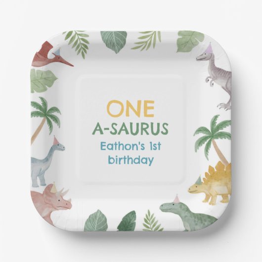 One A Saurus Dinosaur Boy Birthday Square  Pappteller (Vorderseite)