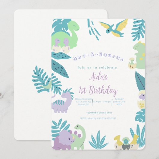 One-A-Saurus Dinosaur Geburtstag Einladung (Vorne/Hinten)