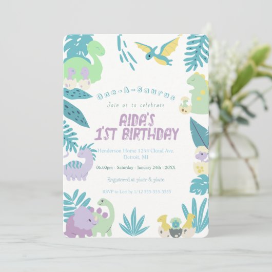 One-A-Saurus Dinosaur Geburtstag Einladung (Stehend Vorderseite)