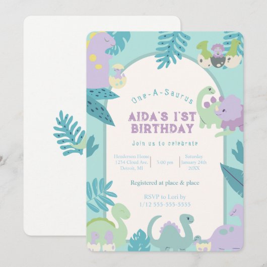 One-A-Saurus Dinosaur Geburtstag Einladung (Vorne/Hinten)