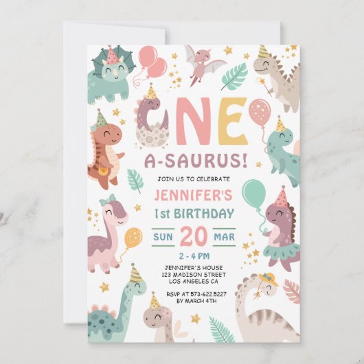 One A Saurus Dinosaur Girl 1st Birthday Invitation Einladung (Vorderseite)