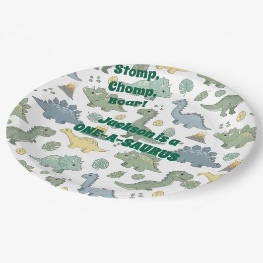 ONE-A-SAURUS Dinosaur Pattern Paper Plates Pappteller (Schrägansicht)