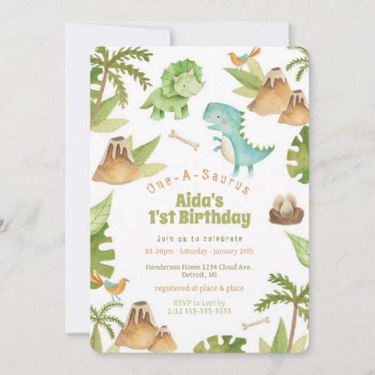 One-A-Saurus-Dinosaurier - Einladung zum Geburtsta (Vorderseite)