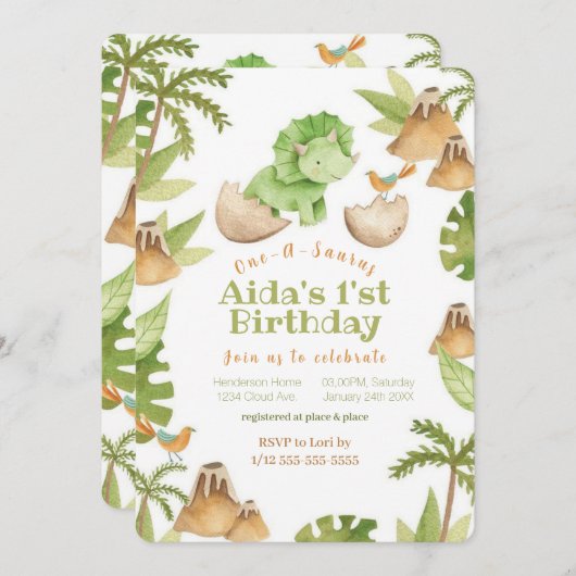 One-A-Saurus' Dinosaurier Erster Bithday Einladung (Vorne/Hinten)