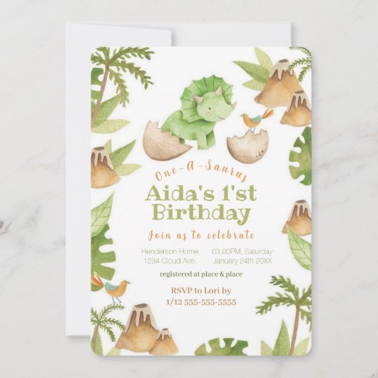 One-A-Saurus' Dinosaurier Erster Bithday Einladung (Vorderseite)