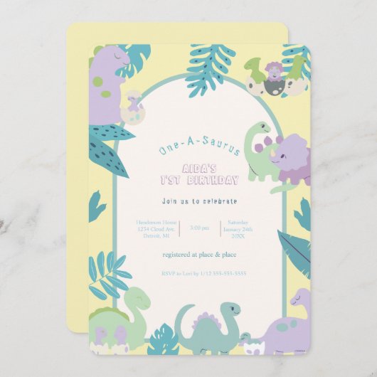 One-A-Saurus' Dinosaurier Erster Bithday Einladung (Vorne/Hinten)