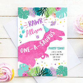 One-A-Saurus Pink Dinosaurier Girl 1. Geburtstag Einladung