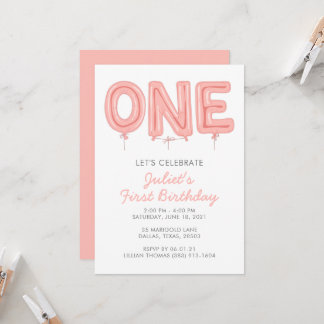 ONE Balloon, First Birthday Girl Einladung