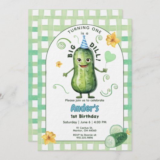 One Big Dill Pickle First Birthday Blue Invitation Einladung (Vorne/Hinten)