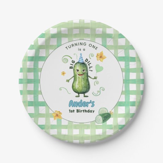 One Big Dill Pickle First Birthday Blue Pappteller (Vorderseite)