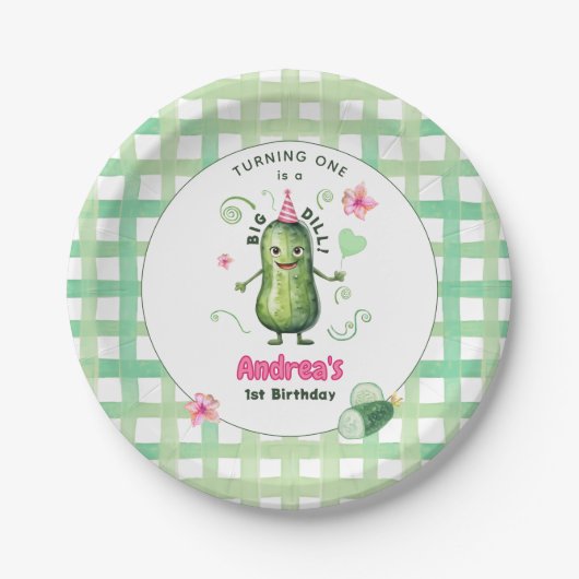 One Big Dill Pickle First Birthday Pink Pappteller (Vorderseite)