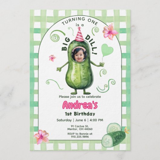 One Big Dill Pickle First Birthday Pink Photo Einladung (Vorderseite)