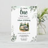 One Camper Mountain Forest 1. Geburtstag Einladung (Stehend Vorderseite)