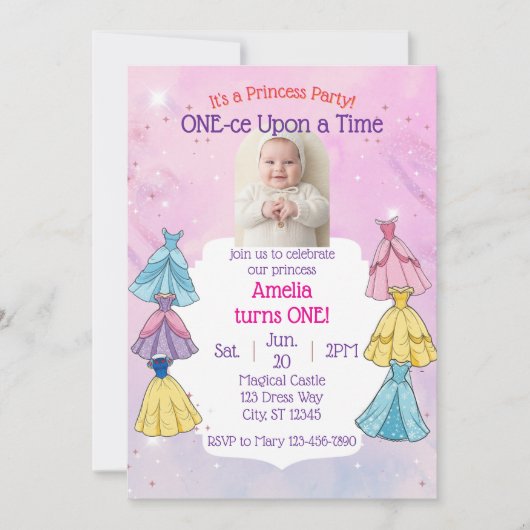 ONE-ce Upon A Time, Princess Dress 1st Birthday Einladung (Vorderseite)