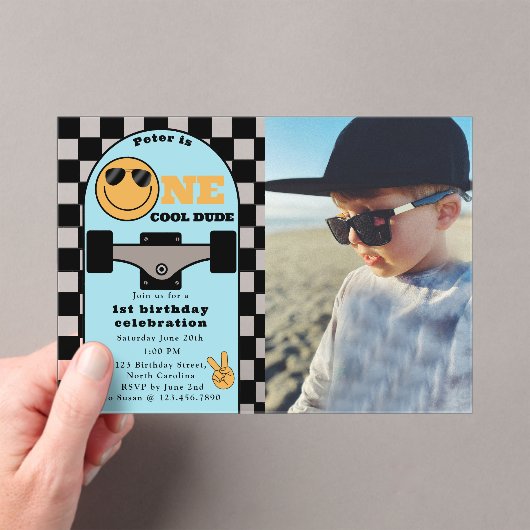 One Cool Dude 1st First Birthday Skateboard Photo Acryleinladungen (Insitu (Handheld))