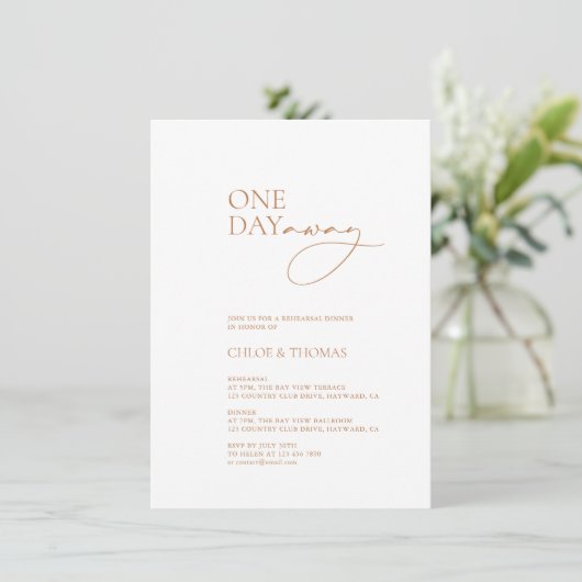 "One Day Away" Minimalistisches Abendessen mit mod Einladung (Stehend Vorderseite)