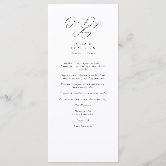 One Day Away Rehearsal Dinner Elegant Menu Menükarte (Vorderseite)