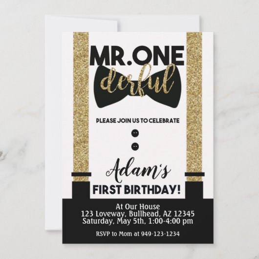 One-Derful Bow Krawatte Black and Gold Tuxedo Einladung (Vorderseite)